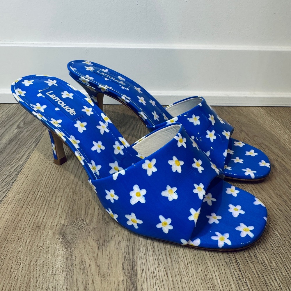 Larroude Colette Patent Leather Heeled Mules Blue Daisy Floral Sandals Size 8.5